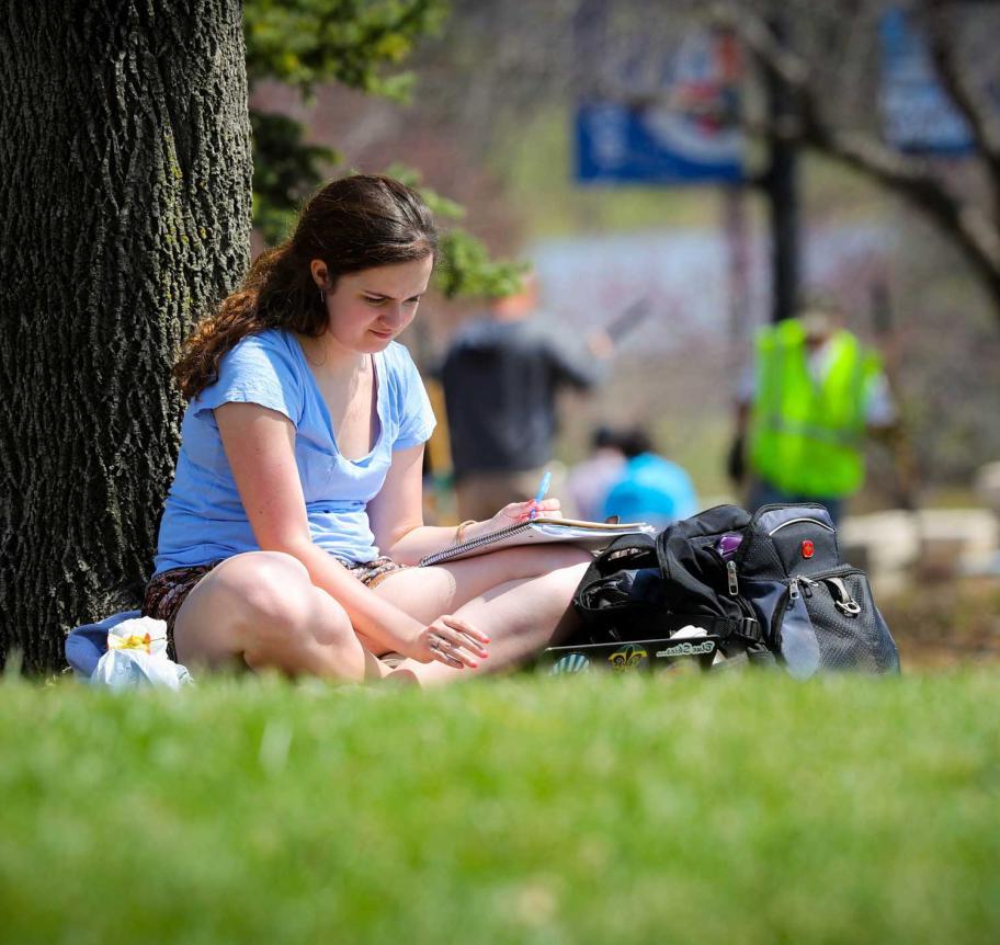 Student studying outdoors by tree